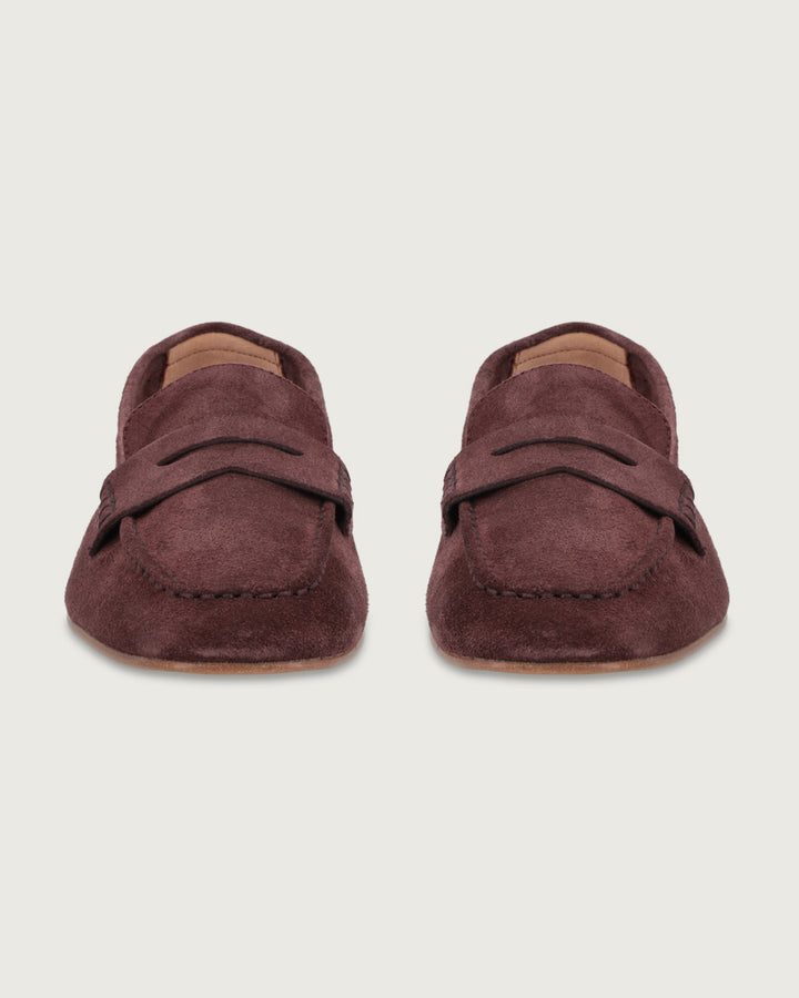 Mocasín Margot color burdeo en cuero gamuzado, calzado artesanal Made in Italy con taco de 1,2 cm y plantilla de cuero, diseño clásico sofisticado.