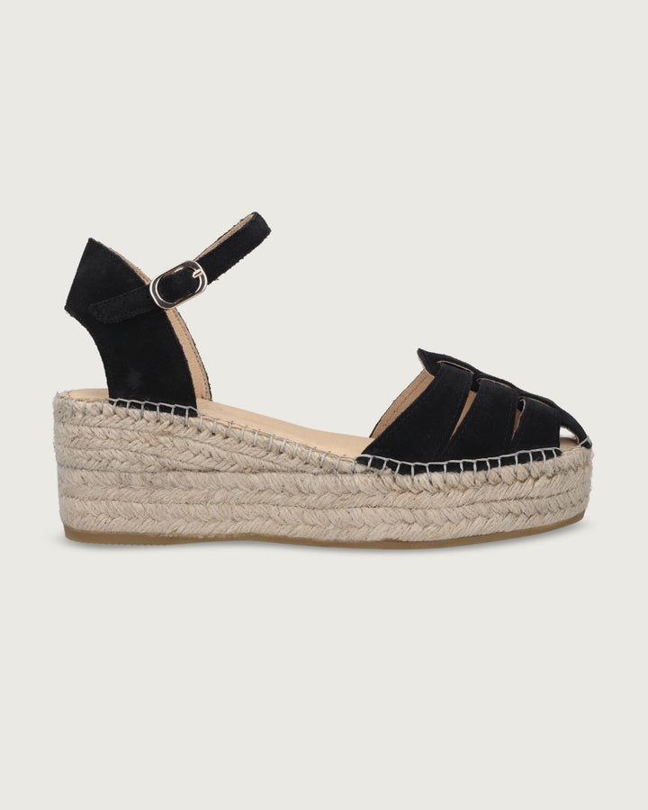 Alpargata Portofino de cuña alta (6.5cm) en cuero gamuzado café y yute natural, calzado atemporal hecho en España.