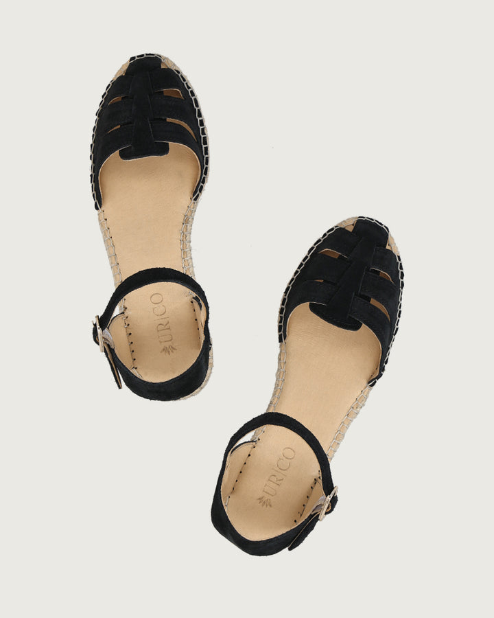 Alpargata Portofino de cuña alta (6.5cm) en cuero gamuzado café y yute natural, calzado atemporal hecho en España.