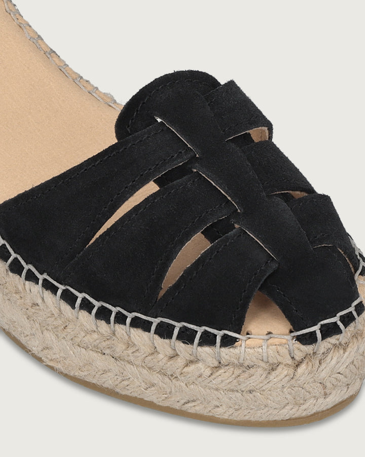 Alpargata Portofino de cuña alta (6.5cm) en cuero gamuzado café y yute natural, calzado atemporal hecho en España.