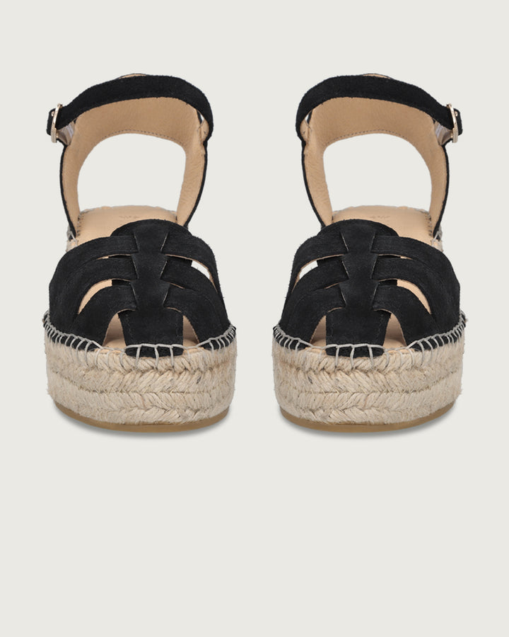 Alpargata Portofino de cuña alta (6.5cm) en cuero gamuzado café y yute natural, calzado atemporal hecho en España.