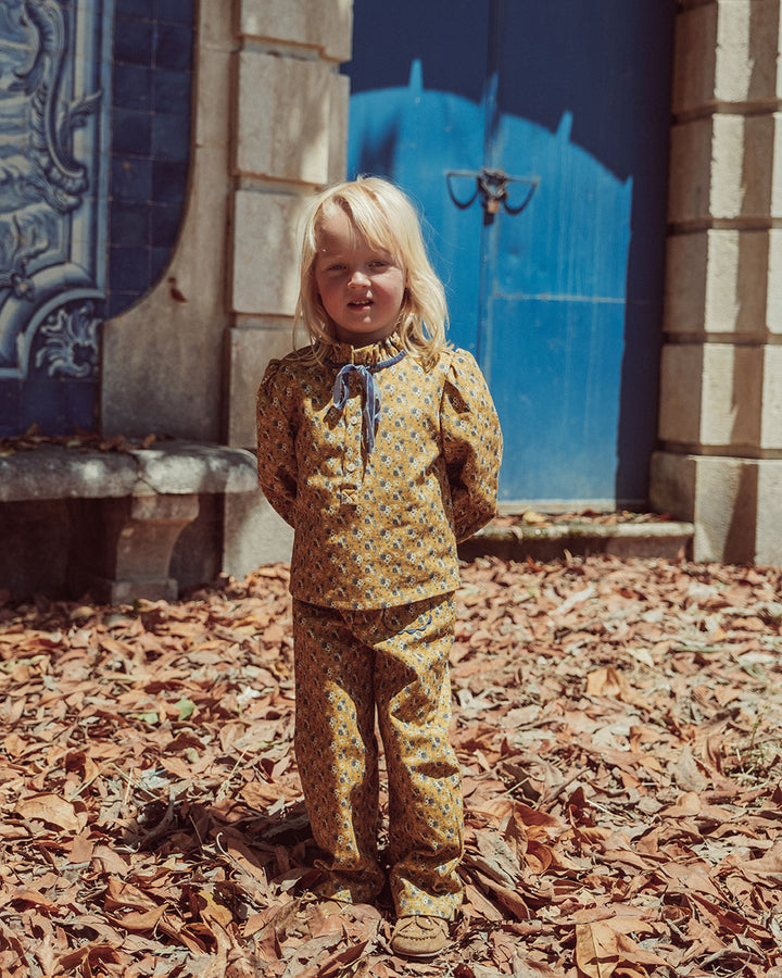 PANTALON NENA DENIM FLOWERS MUSTARD PETIT