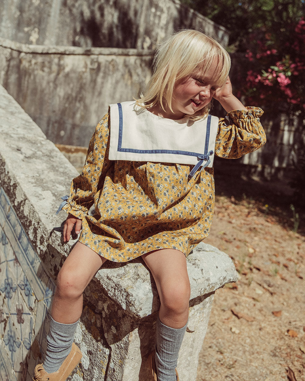 VESTIDO DENIM ALINA FLOWERS MUSTARD PETIT
